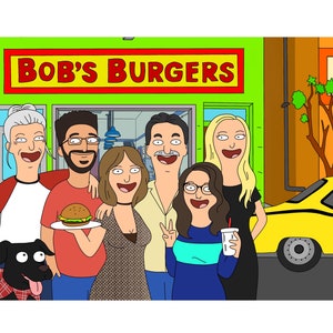 Regalo del día del padre, retrato de Bob's Burgers: ilustración de retrato familiar personalizado, dibujo artístico de retrato de dibujos animados de pareja de Bob's Burgers
