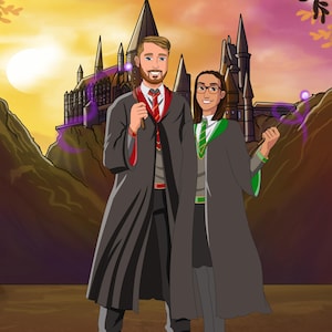 Personalizowany Portret Wizard School, Prezent dla Pary lub Rodziny, Najlepsze prezenty dla chłopaka lub dziewczyny, Spersonalizowany portret, prezent dla najlepszego przyjaciela