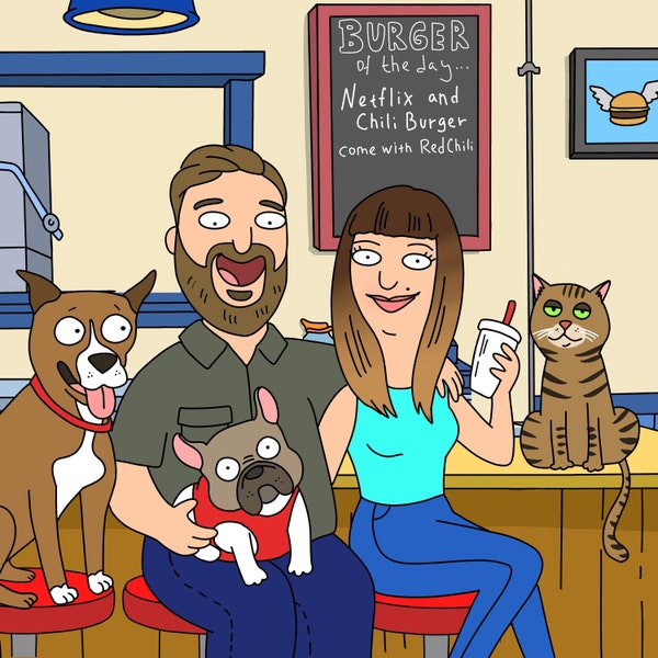 Valentines Gift, Bob's Burger Couple Art, Family Fun Portrait illustration, Valentines Couple Cartoon Portrait, Anniversary Birthday