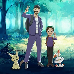 Vaderdagcadeau. Aangepaste Pokemon-portret, illustratie paar tekenen, gepersonaliseerde familie cartoon kunst, verjaardag, verjaardag, verloving