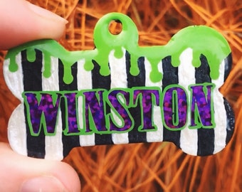 Beetlejuice Dog Tag, Halloween dog tag, Resin Dog Tag, Custom Dog tag, Personalized Pet Tag, Pet ID, gothic dog tag, pet costume, spooky tag