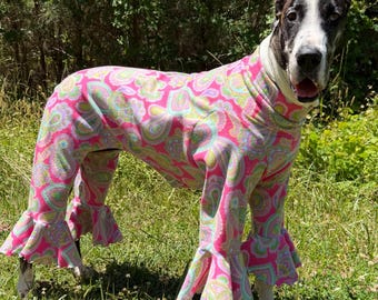 Custom Dane Pajamas, 70s Paisley Fleece Dog Costume, Extra Large Breed Outfit, Hippie dog costume,