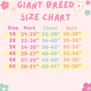 May include: A pink graphic size chart for giant breed dogs with flower illustrations. The text reads GIANT BREED SIZE CHART with columns for Size, Neck, Chest, and Back measurements in inches ranging from 1X to 6X with specific numerical ranges.