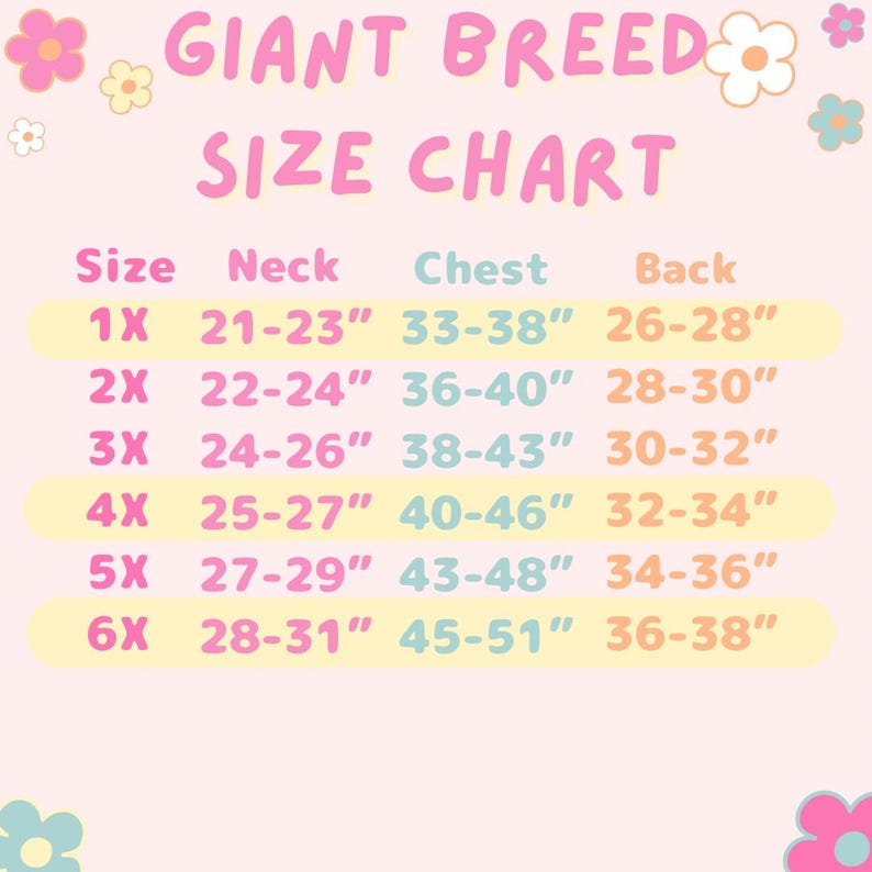 May include: A pink graphic size chart for giant breed dogs with flower illustrations. The text reads GIANT BREED SIZE CHART with columns for Size, Neck, Chest, and Back measurements in inches ranging from 1X to 6X with specific numerical ranges.