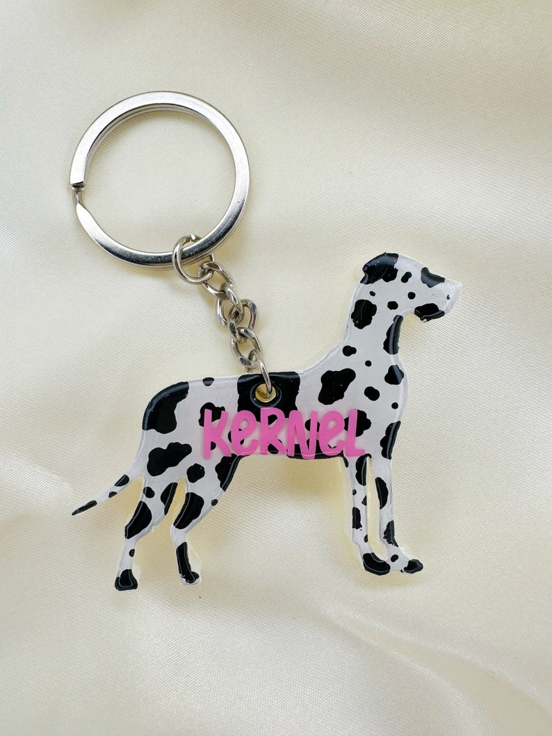 May include: A black and white Dalmatian dog keychain with a pink "KERNEL" name tag attached to a silver key ring.