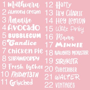 Puede incluir: Un fondo rosa con texto blanco que enumera 22 nombres. Los nombres est&aacute;n numerados del 1 al 22.
