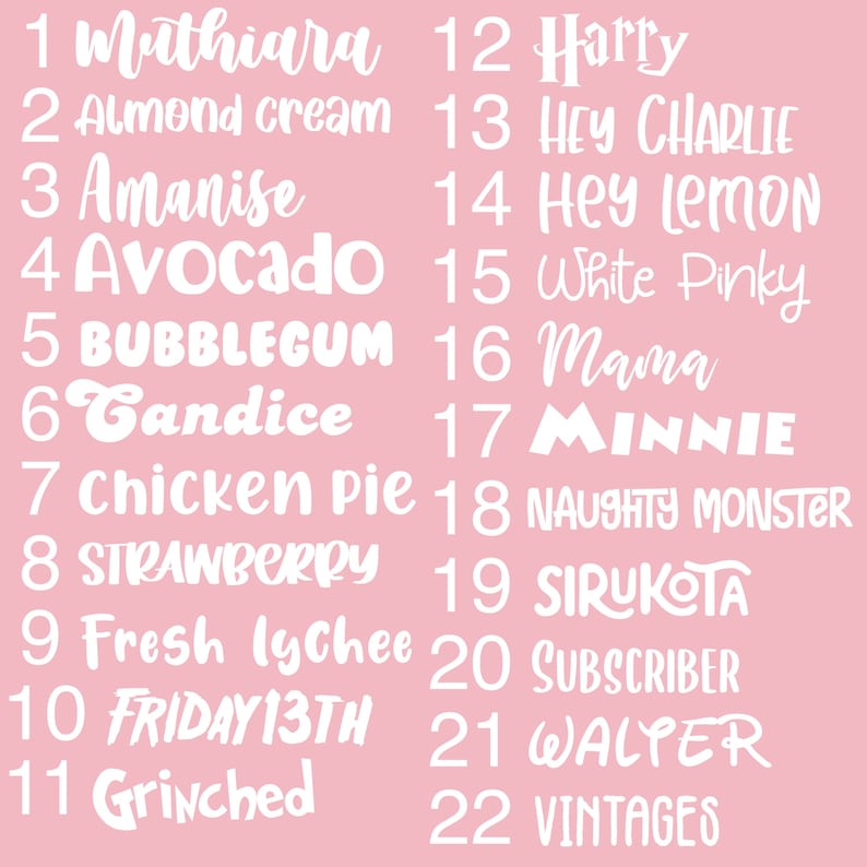 Puede incluir: Un fondo rosa con texto blanco que enumera 22 nombres. Los nombres est&aacute;n numerados del 1 al 22.