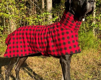 red and black buffalo plaid dog coat for large dogs, fleece lined dog clothes for giant breeds, cozy dog overcoat, Cane Corso dog clothing
