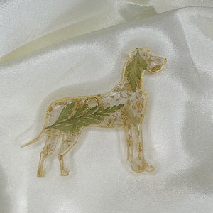 May include: A clear resin ornament shaped like a Great Dane dog with gold glitter and dried green leaves inside.