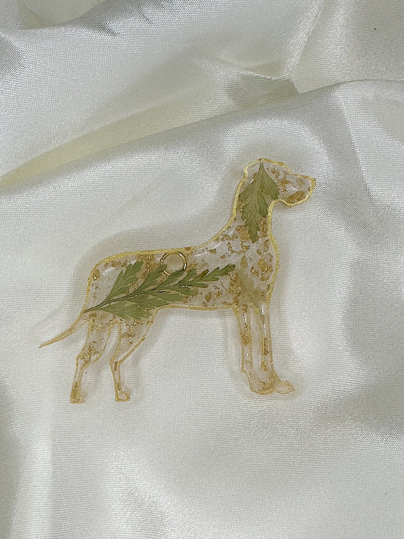 May include: A clear resin ornament shaped like a Great Dane dog with gold glitter and dried green leaves inside.
