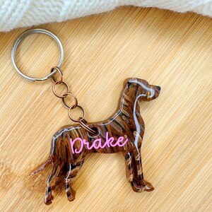 May include: A brown and black resin dog keychain with the name "Drake" written in pink lettering. The keychain is attached to a silver key ring.