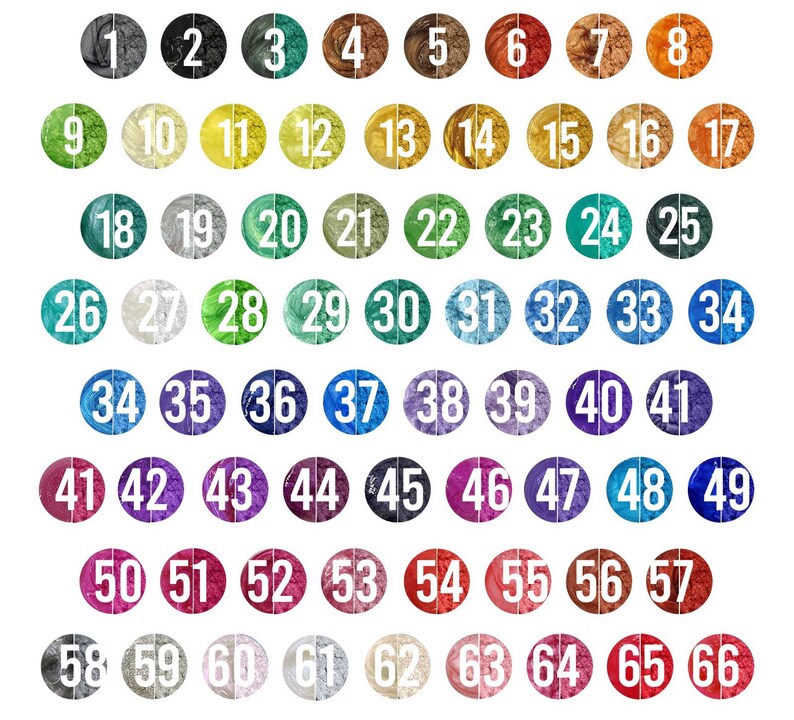 Puede incluir: Una tabla de 66 muestras de pintura redondas y coloridas, numeradas del 1 al 66. Las muestras de pintura est&aacute;n dispuestas en filas de 8 o 9.