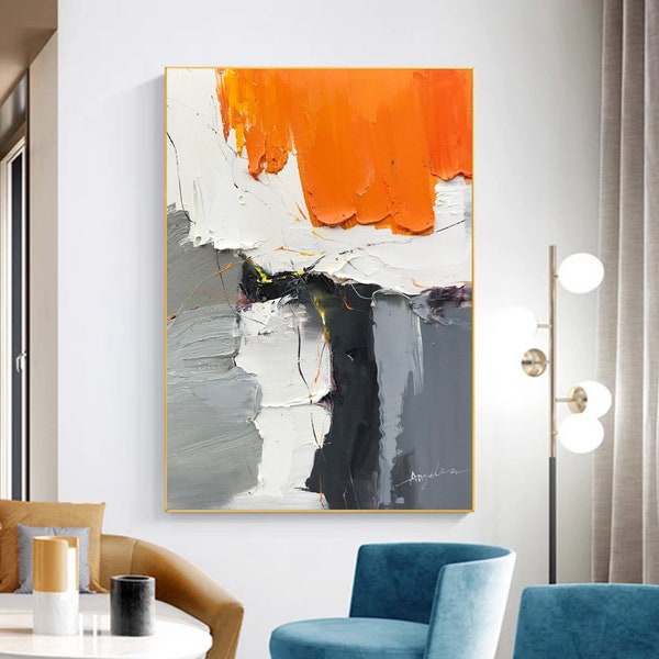 Large Orange Black White Texture Abstract Painting Modern Minimalist Wall Art Wabi sabi Wall Art Boho Wall Decor Original Living Room Decor