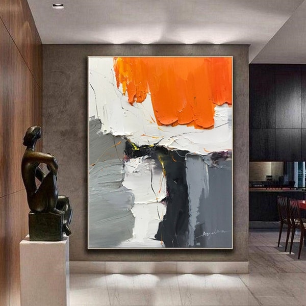 Orange Abstract Painting White Texture Minimalist Painting Modern Wall Art Original Artwork Canvas Art Modern Living Room Decor Wall Art