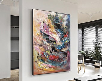 Large Texture Painting,Colorful Painting Abstract Art,Colorful Texture Oil Painting,Palette Knife Textured Soft Wall Art Colorful Abstract