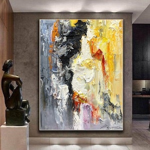 Gray & Yellow 3D Textured Abstract Painting: Large Modern Wall Art