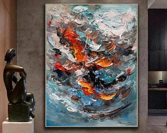 Grande dipinto astratto di paesaggio marino: tela artistica costiera