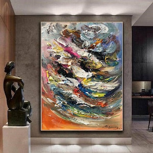 Large Colorful Abstract Oil Painting on Canvas: Modern Texture Art