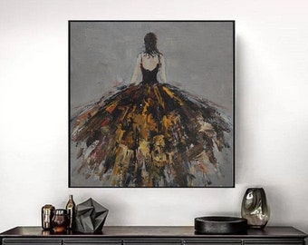 May include: Abstract painting of a woman in a flowing yellow, brown, and black dress. The woman is facing away from the viewer and her back is turned. The painting is on a canvas and has a textured surface.