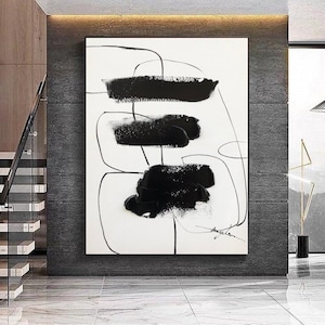 Minimalist Black And White Painting, Oversize Wall Art, 3D Texture Black Painting, Modern Living Room Abstract Painting Minimalist Art
