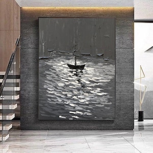Large Black And White Original Abstract Texture Sailboat painting, Large Wall Art Sailing painting, Nautical landscape Abstract painting