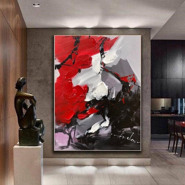 Großes Original rotes abstraktes Gemälde für Wohnzimmer Zeitgenössische Ölgemälde, schwarze Malerei graue Malerei, übergroße abstrakte Malerei