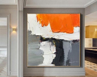 Gran pintura abstracta naranja sobre lienzo: arte mural moderno con textura