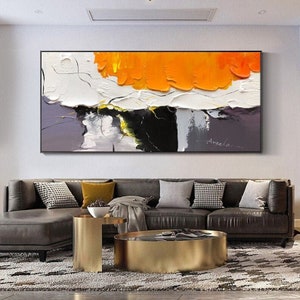 Orange Abstract Painting: Large Texture Art, Black and White Wall Decor