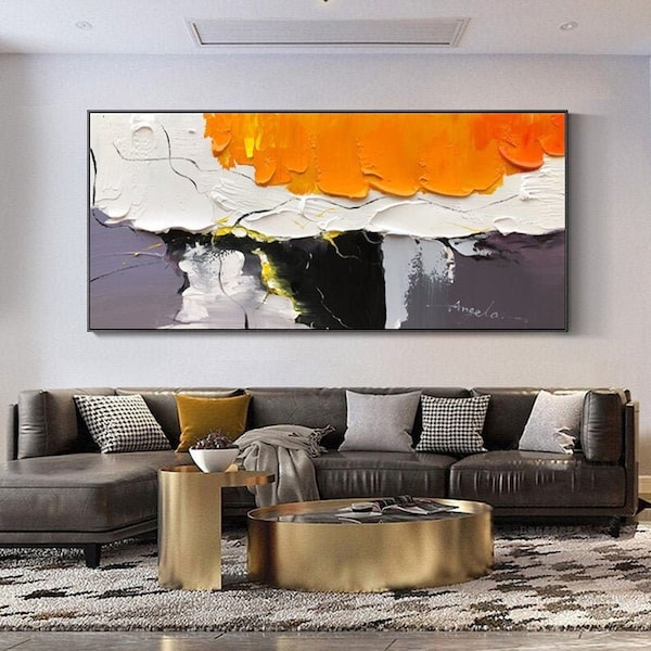Minimalist Wall Art, Large Original Abstract Painting, Orange Painting Gray Painting, Texture Abstract Painting, Black And White Wall Art