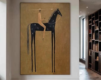 Modern Japandi Western Horse Rider Art, Large Abstract Figurative Painting, Neutral Brown Textured Canvas, Original Handmade Wall Art Decor
