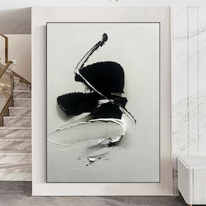 Textured Black White Abstract Painting, Black White Wall Art, Black White 3D Textured Wall Art, Black White Minimalist Art, Living Room Art