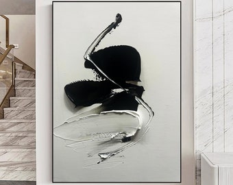 Textured Black White Abstract Painting, Black White Wall Art, Black White 3D Textured Wall Art, Black White Minimalist Art, Living Room Art