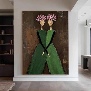 Vintage Figurative Oil Painting - Handmade Textured Woman Portrait | Large Neutral Bohemian Living Room Wall Art