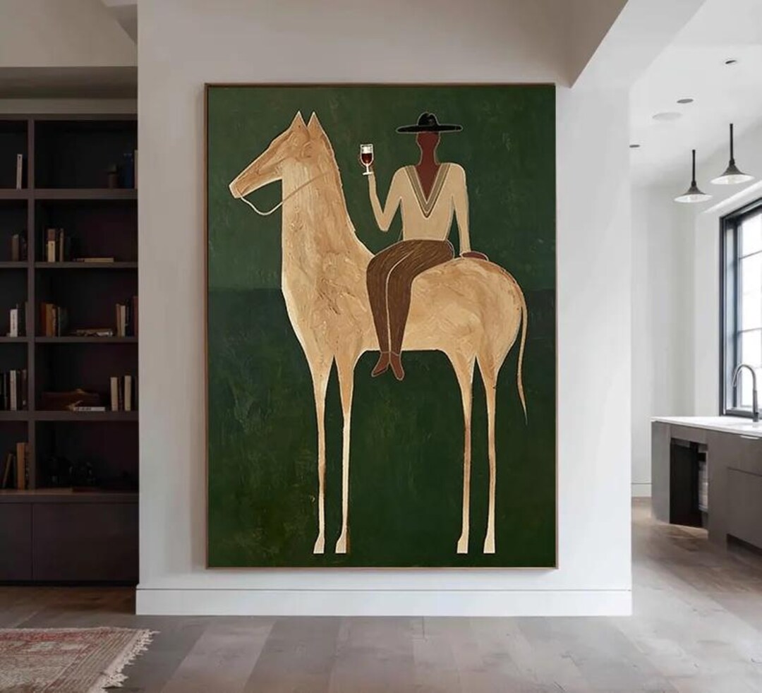 Neutral Textured Japandi Cowboy Horse Oil Painting Large Western ...