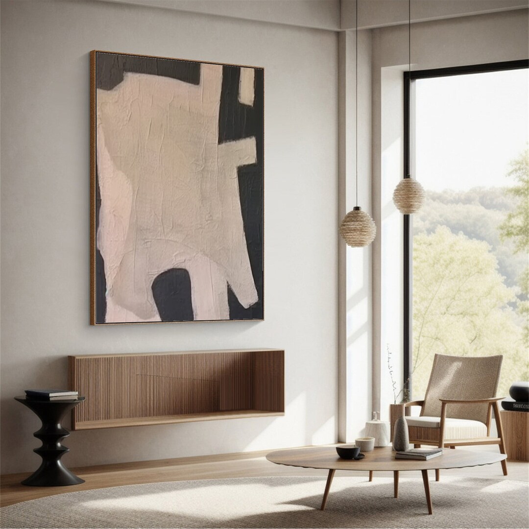Modern Beige Boho Abstract Wall Art Beige Black Abstract Painting Large ...
