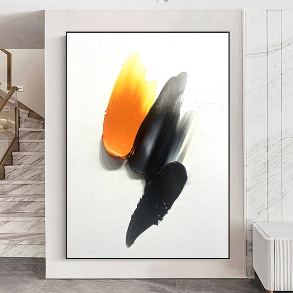 Minimalist Orange Black Textured Art, Orange Abstract Art, Strong Texture Art, Black Abstract Black Texture Wall Art, Living Room Wall Art