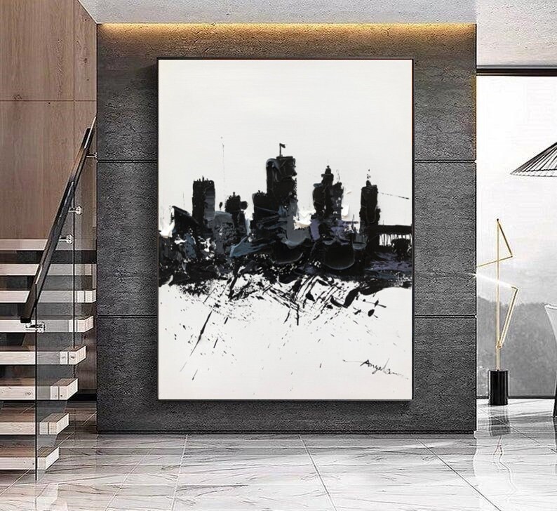 Large Black and White City Painting Cityscape Painting Etsy