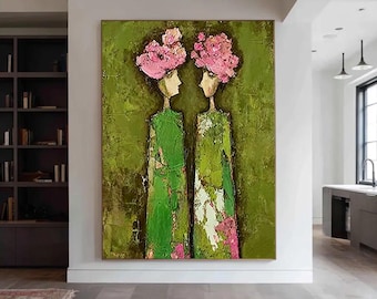Contemporary Abstract Figurative Painting - Handmade Textured Oil Art | Large Brown & Beige Woman Portrait Wall Decor