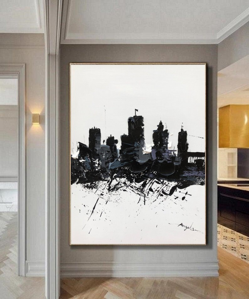 Large Black and White City Painting Cityscape Painting Etsy