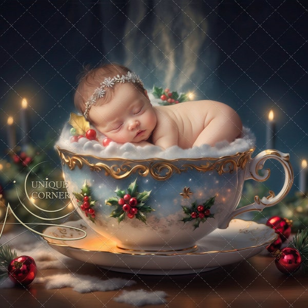 Baby christmas Teacup,  Photography digital background , digital backdrop , Christmas  , Digital photography Backdrop, Insert & Overlay