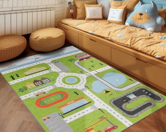 Tapis pour enfants GAME Chambre d'enfant Poils courts Tapis de jeu de la circulation Voiture Vert