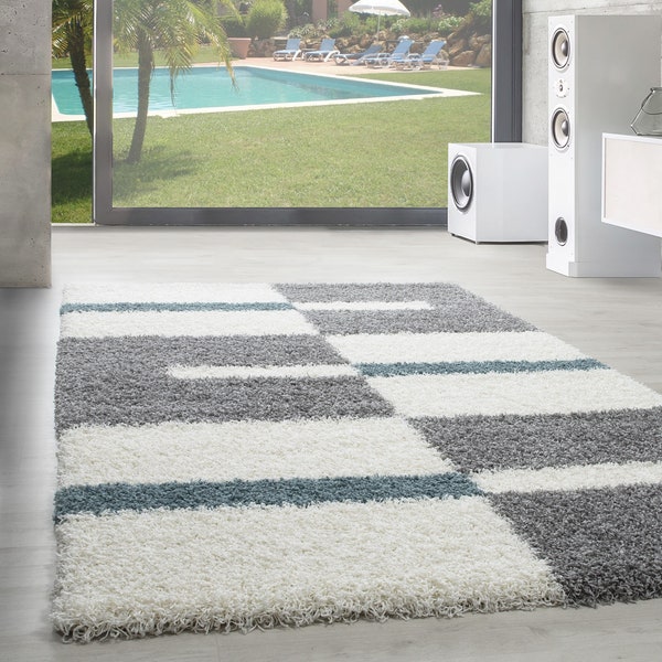 Designer haute fleuri tapis Shaggy placage lignes motif gris blanc turquoise