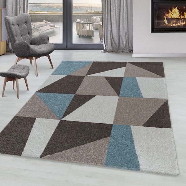 Wohnzimmerteppich Kurzflor Design Teppich Zipcode Muster Dreieck Trapez Blau