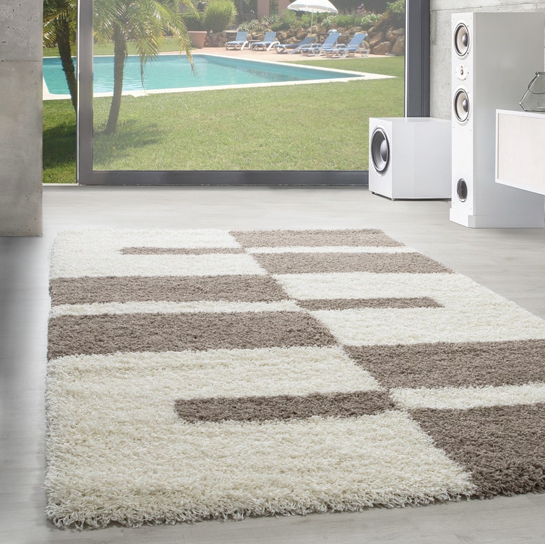 Designer haute fleuri tapis Shaggy placage lignes motif beige crème image 1