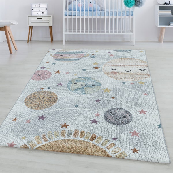 Tapis pour enfants FUNNY Chambre d'enfant Poils courts Tapis de jeu Espace Soleil Lune Planètes Blanc