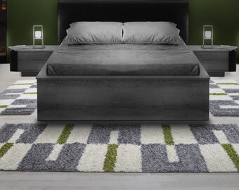 Set passatoia tappeto set bordo letto shaggy pelo lungo verde grigio bianco set da 3