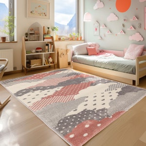 Clouds Wölkchen children Rug, low pile Nursery Baby room Soft Gray Pink