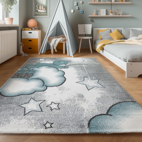 Tapis enfant doux Bear nuage étoiles motif tapis rectangle rond gris bleu blanc