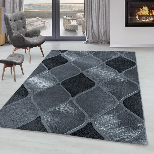 Wohnzimmerteppich Weicher Kurzflor Teppich Rundes Gitter Design Schwarz