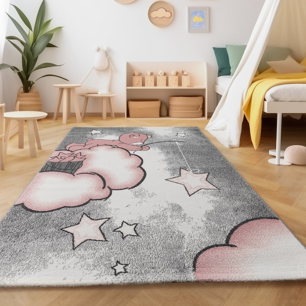 Tapis enfant doux Bear nuage étoiles motif tapis rectangle rond gris rose blanc